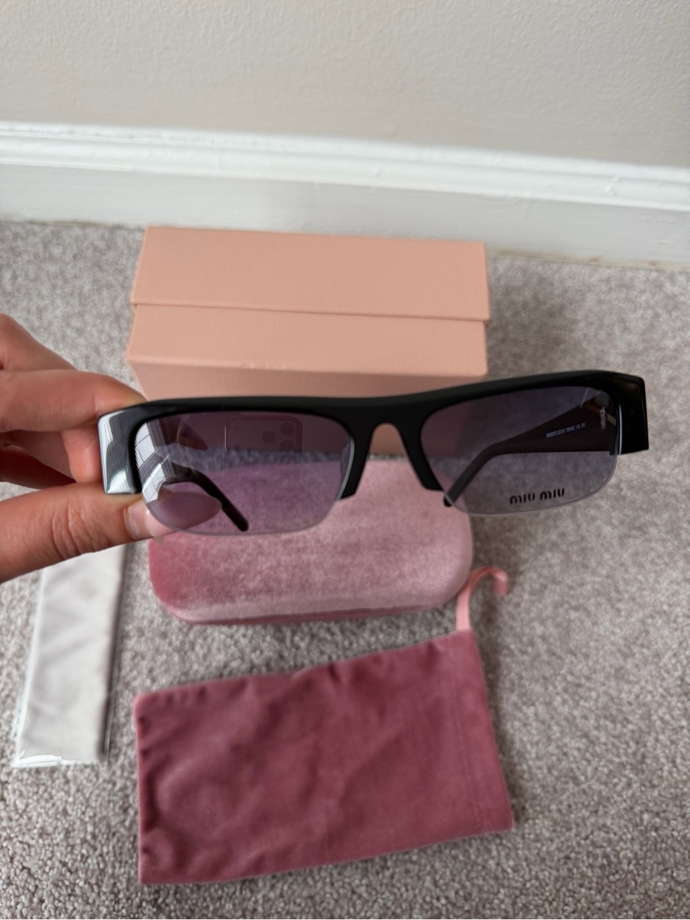 Miu Miu Black Slim Rectangular Sunglasses with Subtle Tinted Lenses - Picture 6 of 7